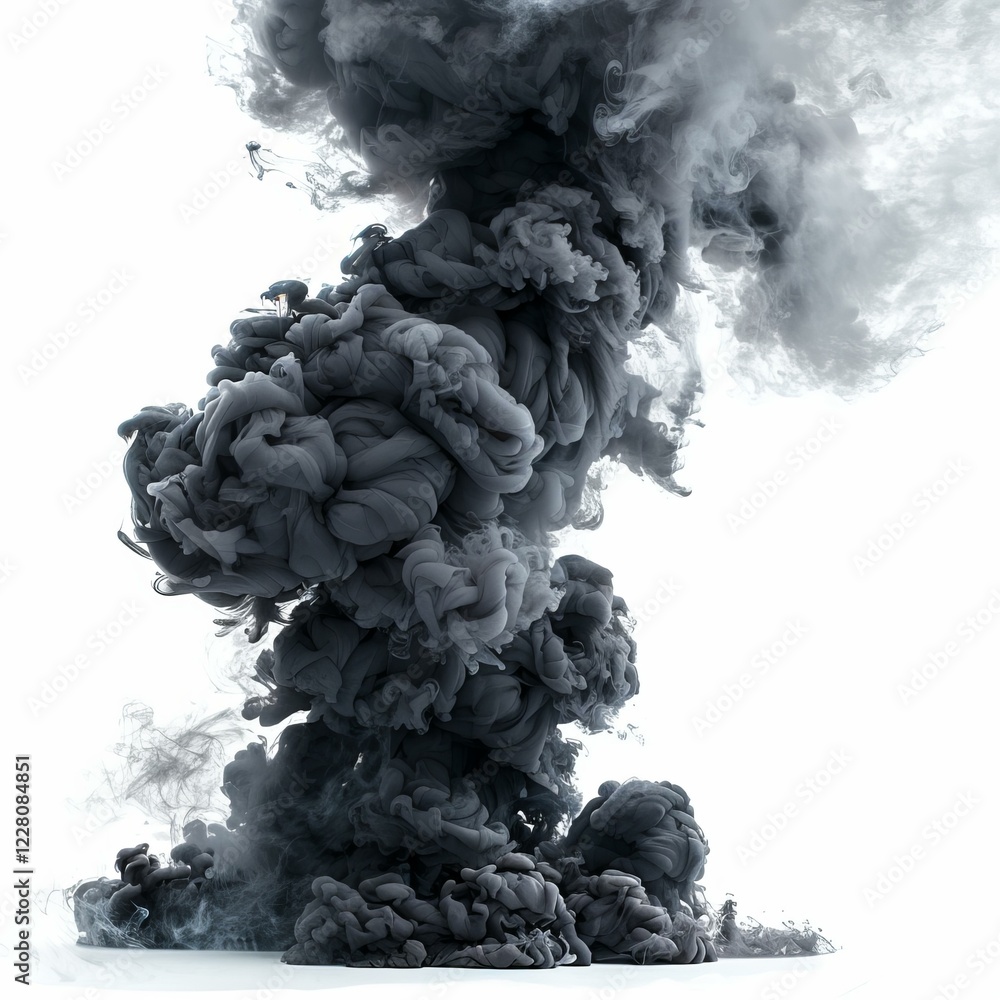 Dark gray ink cloud swirling in water creating abstract shapes against white background Dark gray ink cloud swirling in water creating abstract shapes against white background