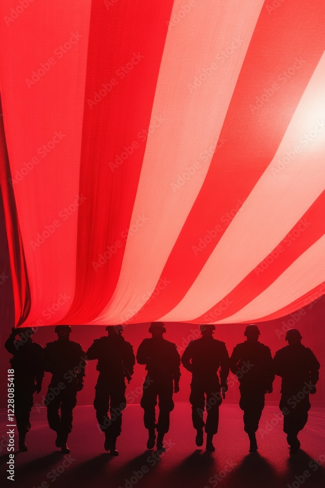 Vibrant Patriotic Silhouette Security Team Marches Under Billowing Red Fabric Strategic Defense Imagery for Government and Civic Engagement Campaigns Vibrant Patriotic Silhouette Security Team Marches Under Billowing Red Fabric Strategic Defense Imagery for Government and Civic Engagement Campaigns