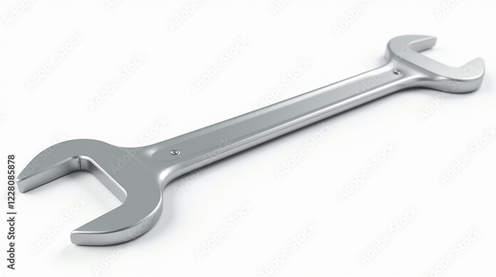 A wrench with a silver metallic finish, isolated on a clean white background. A wrench with a silver metallic finish, isolated on a clean white background.