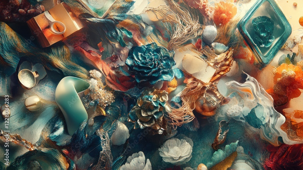 Naklejka premium Abstract art of vibrant colors, textures, and objects.