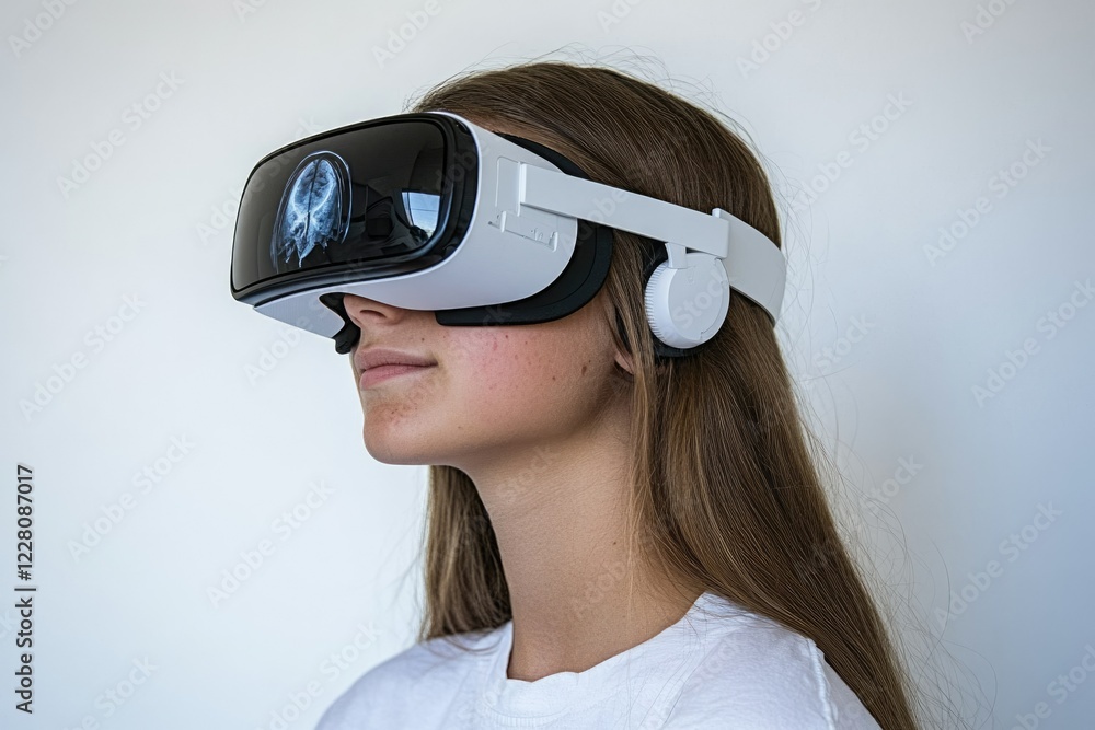 Young woman using VR headset, viewing a brain scan in immersive technology. Young woman using VR headset, viewing a brain scan in immersive technology.