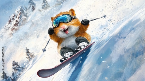 Happy cute hamster skiing in mountain.