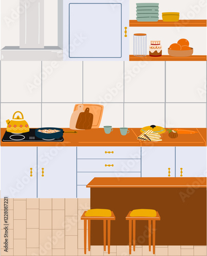 The interior of a modern kitchen with an extractor hood, stove, countertop. There is a kettle and a pan of pasta on the stove. Kitchen utensils.