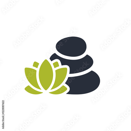 Immerse yourself in relaxation and peace with a calming spa icon that showcases gently placed soothing stones and an elegant lotus flower, perfect for any wellness or healththemed project