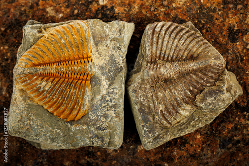 Two fossilized trilobites embedded in sedimentary rock, showcasing intricate details and ancient textures.