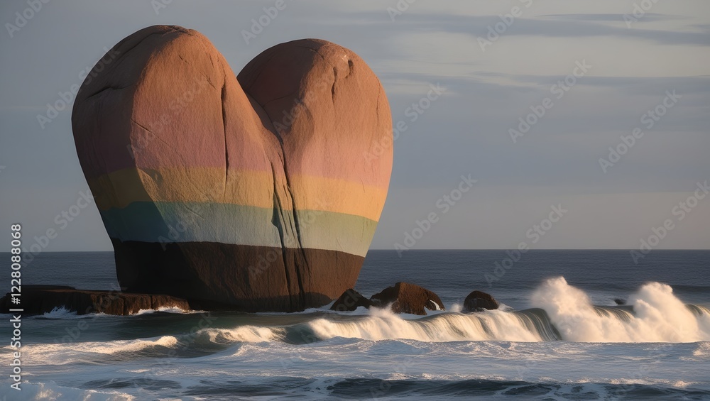Obraz premium majestic rock formation with heart painted in muted rainbow tones and waves crashing below for use in nature and artistic concepts