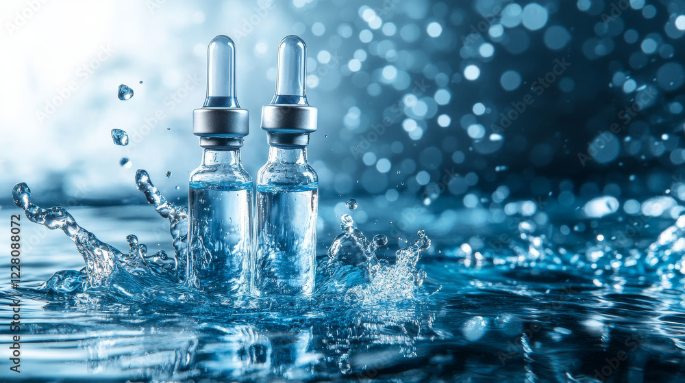 high-quality image featuring medical ampoules and a bottle standing in blue water with dynamic water splashes high-quality image featuring medical ampoules and a bottle standing in blue water with dynamic water splashes