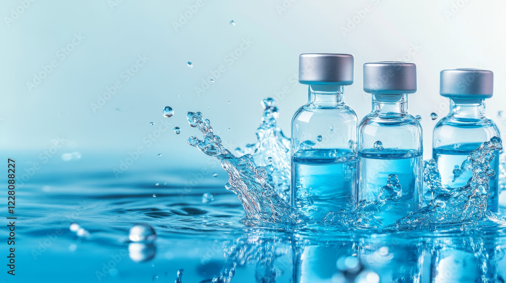 high-quality image featuring medical ampoules and a bottle standing in blue water with dynamic water splashes high-quality image featuring medical ampoules and a bottle standing in blue water with dynamic water splashes