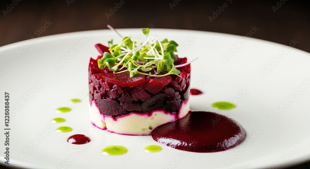 Elegant beetroot dish garnished with microgreens and vibrant sauces