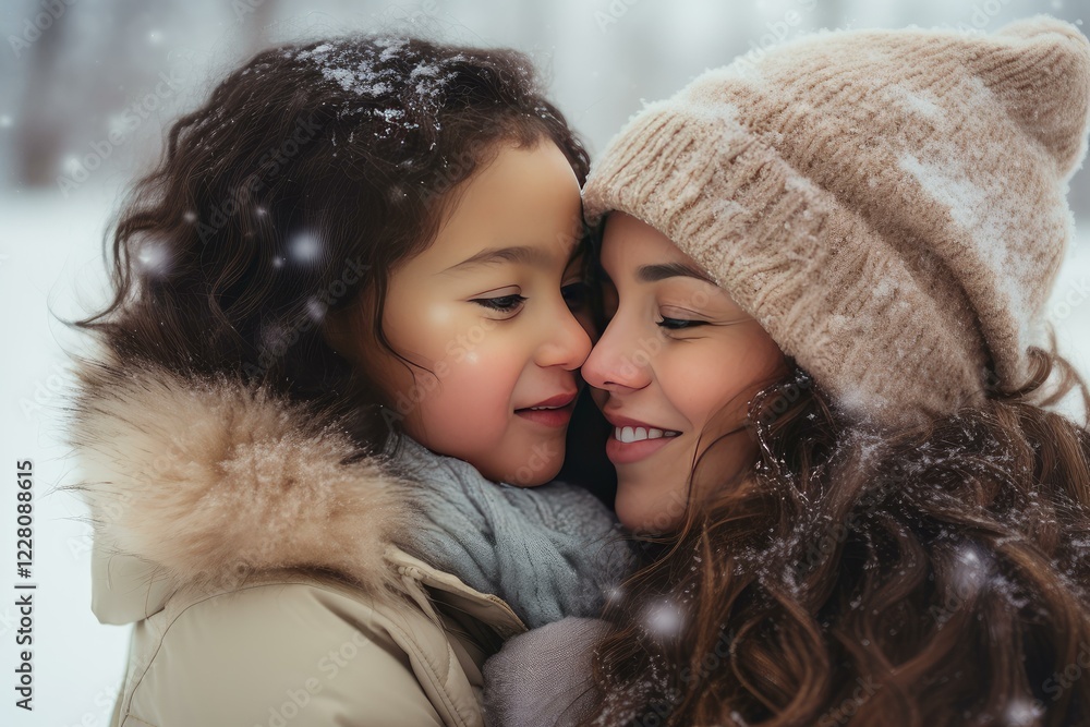 Mother and daughter are touching noses and smiling while enjoying a snowy day outdoors Mother and daughter are touching noses and smiling while enjoying a snowy day outdoors