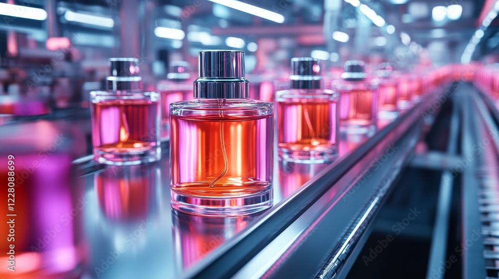 A high-quality image of perfume bottles moving along an assembly line in a modern cosmetics factory, highlighting the automated manufacturing process