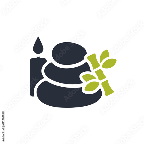 This elegant and serene relaxation spa icon showcases an artistic arrangement of stones, a flickering candle, and natural bamboo elements, all symbolizing tranquility, selfcare, and peacefulness