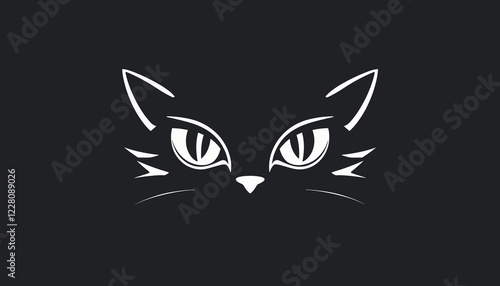 Minimalistic black cat face with striking eyes on dark background photo