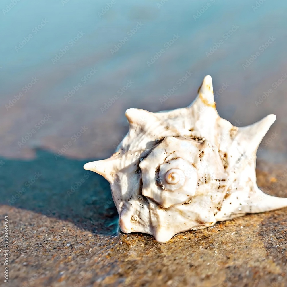 Seashell on the beach with ocean waves and sand in the background Seashell on the beach with ocean waves and sand in the background