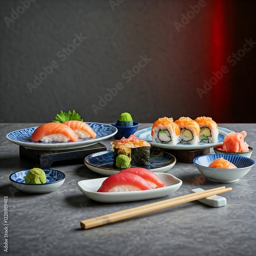 An exquisite arrangement of sushi, elegantly presented on a sleek gray marble table. The vibrant colors of the fresh fish, creamy avocado, and perfectly seasoned rice are highlighted against the minim photo