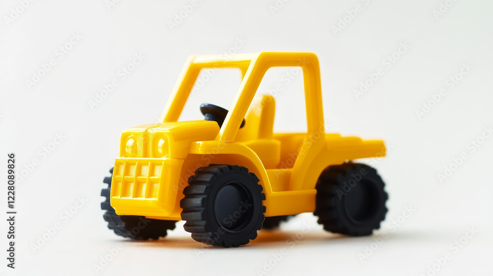 A high-quality stock photo of a yellow toy forklift, isolated on a white background. This small loader represents industrial and warehouse equipment, making it an excellent educational toy for childre A high-quality stock photo of a yellow toy forklift, isolated on a white background. This small loader represents industrial and warehouse equipment, making it an excellent educational toy for childre