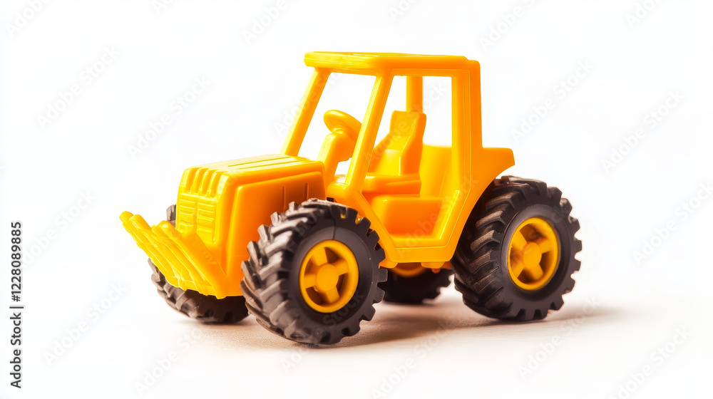 Fototapeta premium A high-quality stock photo of a yellow toy forklift, isolated on a white background. This small loader represents industrial and warehouse equipment, making it an excellent educational toy for childre