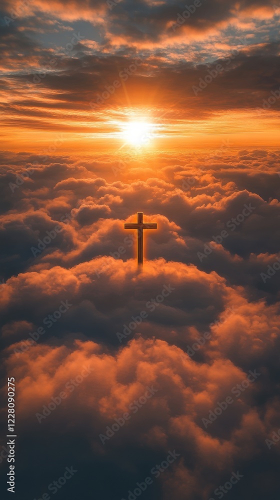 Cross and sunrise over the cloudscape Cross and sunrise over the cloudscape