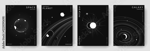 Set of abstract space astronomy backgrounds. Line art galaxy, solar system, planet, black hole. Science future concept. Cosmic minimalist design for cover, poster, layout, banner, flyer, brochure