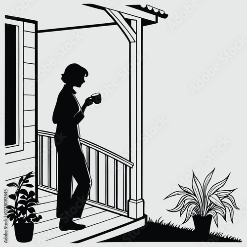 a person drinking coffee on a porch silhouette vector design art and illustration