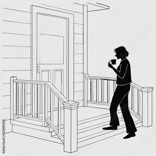 a person drinking coffee on a porch silhouette vector design art and illustration