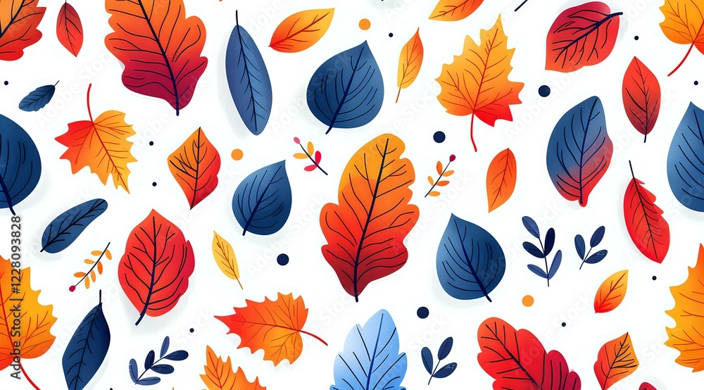 Obraz premium Vibrant autumn leaves pattern with red, orange and navy blue foliage on white background, perfect for seasonal designs, textile prints and fall-themed projects.