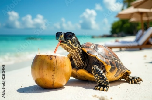 Banner for a travel company with a turtle in sunglasses relaxing and drinking coconut on the beach with ocean view on the background of a sun longue