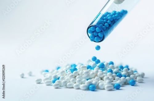 Granules of plastic material spills out of the test tube on white background