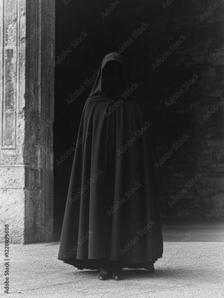 A person in a black cloak stands in front of a stone archway. The image has a dark and mysterious mood, with the person's hood pulled up over their head, creating a sense of foreboding A person in a black cloak stands in front of a stone archway. The image has a dark and mysterious mood, with the person's hood pulled up over their head, creating a sense of foreboding