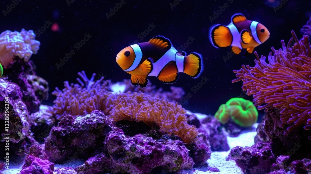 Vivid clownfish swimming among corals on a deep-sea reef. Vivid clownfish swimming among corals on a deep-sea reef.