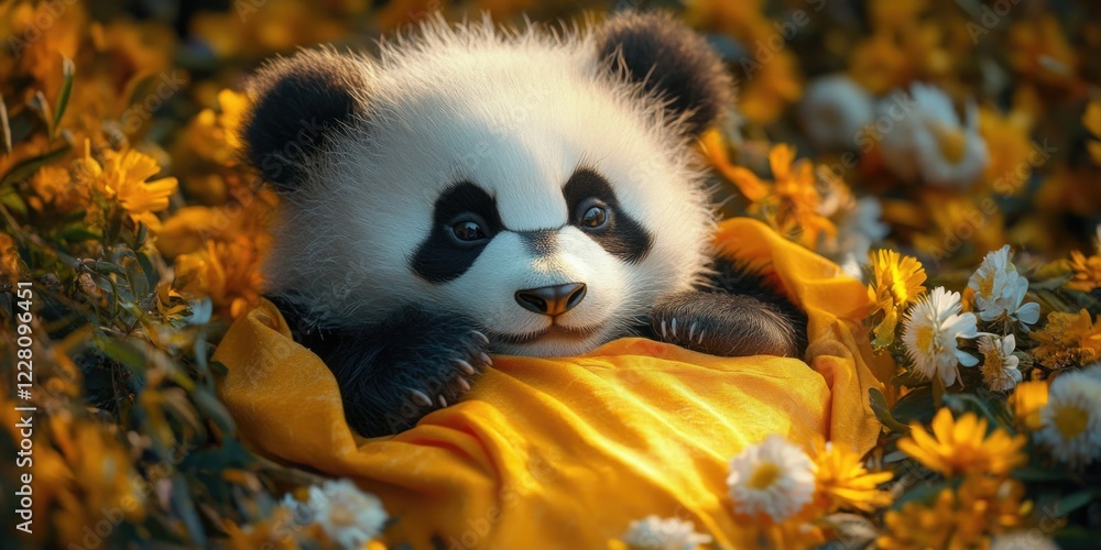 A baby panda is laying in a yellow blanket in a field of flowers. The scene is peaceful and serene, with the baby panda looking content and relaxed A baby panda is laying in a yellow blanket in a field of flowers. The scene is peaceful and serene, with the baby panda looking content and relaxed