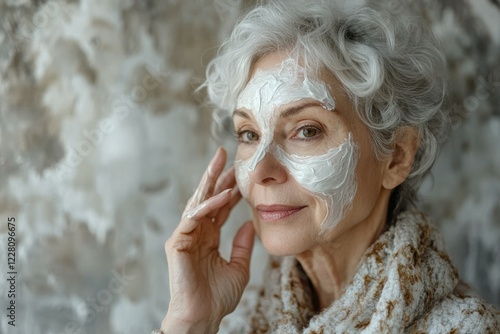 A mature woman with silver hair applies a facial mask, enjoying a self-care moment. photo