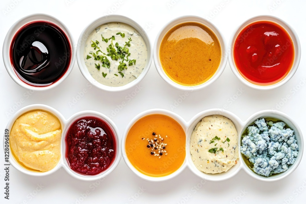 Various spreads in small bowls on a white surface. Various spreads in small bowls on a white surface.