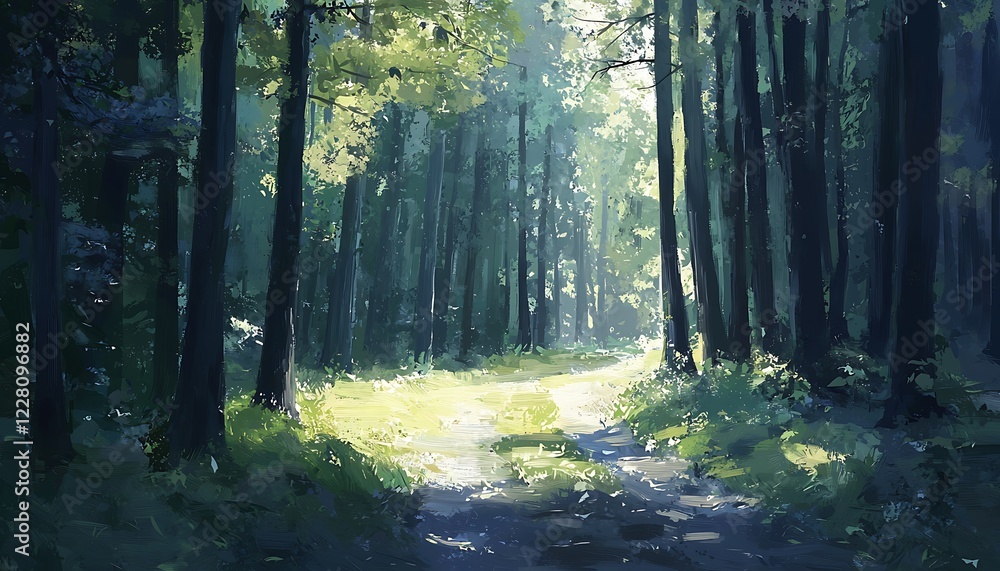 Fototapeta premium Sunlight streams through a serene forest path, illuminating a tranquil natural landscape.