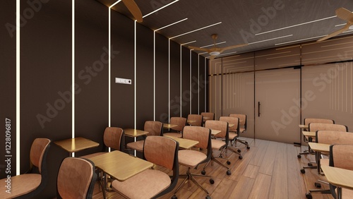 Modern Minimalist Classroom with Wood paneling and sleek Lighting