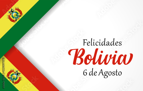 Happy Independence Day Bolivia August 6 greeting card template with 3D flag of Bolivia frame and cute calligraphy. Bolivian holidays billboard graphic concept. Envelope design. Minimalist style.