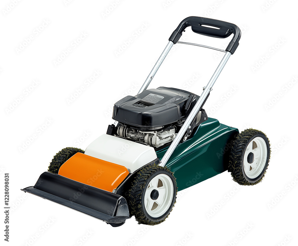 Fototapeta premium Modern Electric Lawnmower Isolated on Transparent Background for Landscaping and Home Gardening Equipment Design Projects 6
