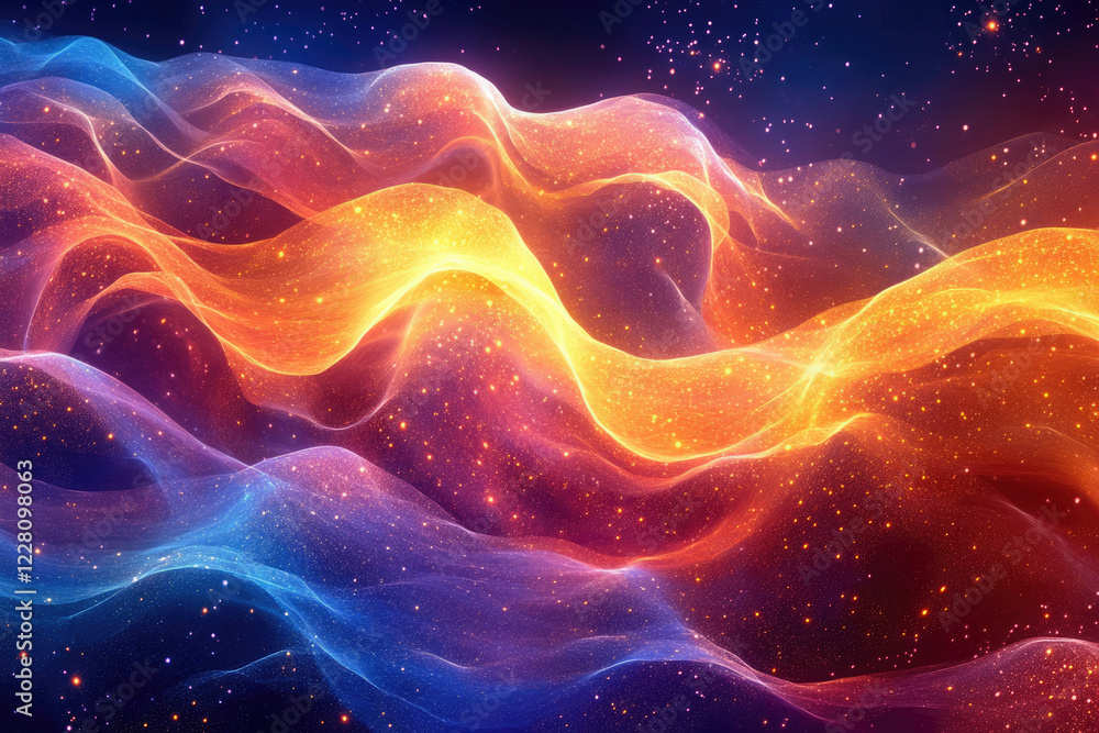Abstract cosmic artwork depicting vibrant, swirling nebulae with glowing particles and stars. Abstract cosmic artwork depicting vibrant, swirling nebulae with glowing particles and stars.