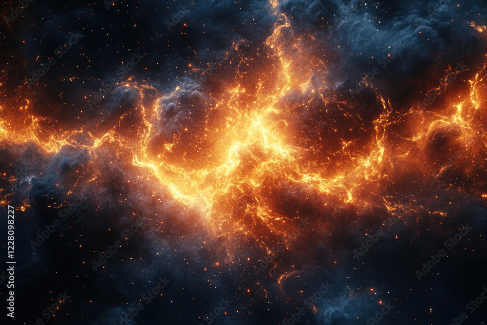 Fototapeta premium Fiery cosmic nebula with vibrant orange and blue hues, depicting a celestial energy surge.