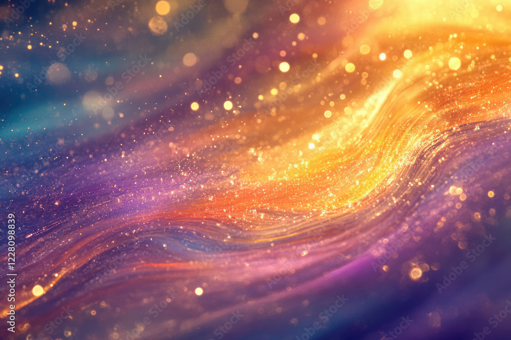 Obraz premium Abstract cosmic wave with shimmering gold and purple hues, sparkling glitter effect.