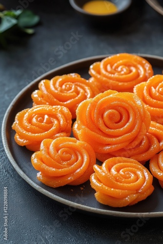 A dessert plate featuring orange and honey-glazed cookies shaped like swirly roses. The cookies are made with a popular Indian sweet, 'ras gullah', which is traditionally a type of sugar candy. photo