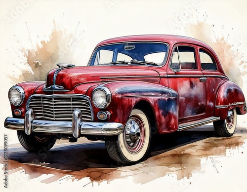 antique car red oldtimer old auto classic automobile isolated vintage retro transportation transport watercolor art