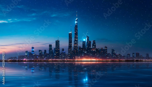 Futuristic city with a stunning skyline reflected in the sea water under a starry twilight sky
