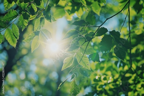 Bright sun shining through vibrant green leaves on a tree branch, creating a fresh and natural scene