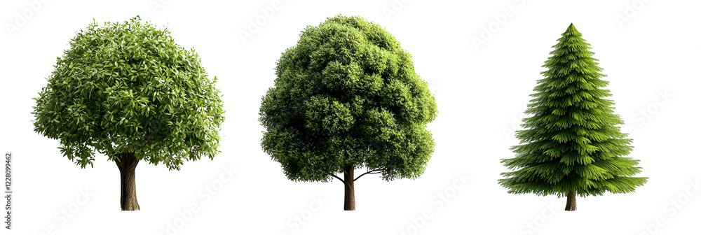 A set of green trees isolated on white, showcasing the beauty of nature's foliage A set of green trees isolated on white, showcasing the beauty of nature's foliage