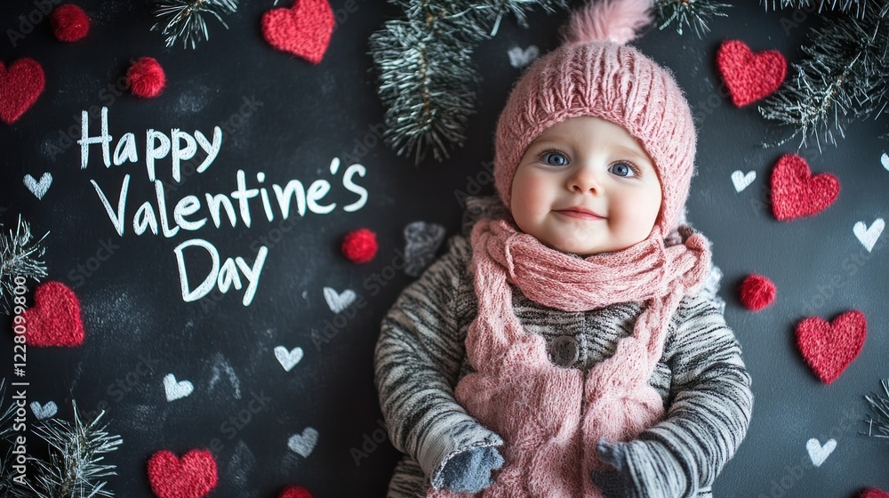 Baby smiles joyfully in winter attire for a Happy Valentine's Day celebration Baby smiles joyfully in winter attire for a Happy Valentine's Day celebration
