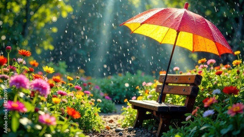 summer garden during a sunshower, with sunlight through the rain, flowers. Drops of water, wooden bench