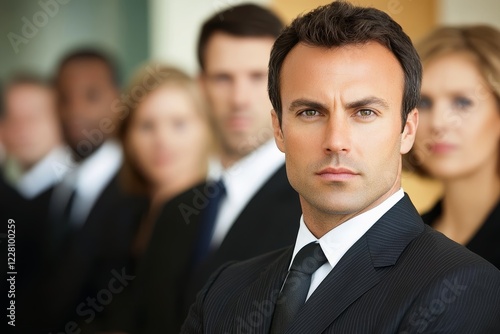 Corporate leader confidently at the head of a boardroom exuding authority. photo