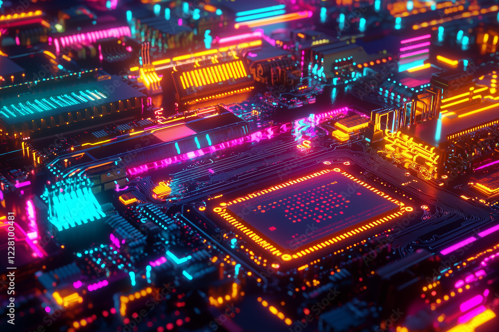 Vibrant digital circuitry with neon lights illuminating intricate designs. Vibrant digital circuitry with neon lights illuminating intricate designs.