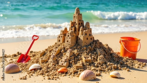 sandcastle built by children on a sunny beach, ocean waves, weekend, travel, family recreation photo